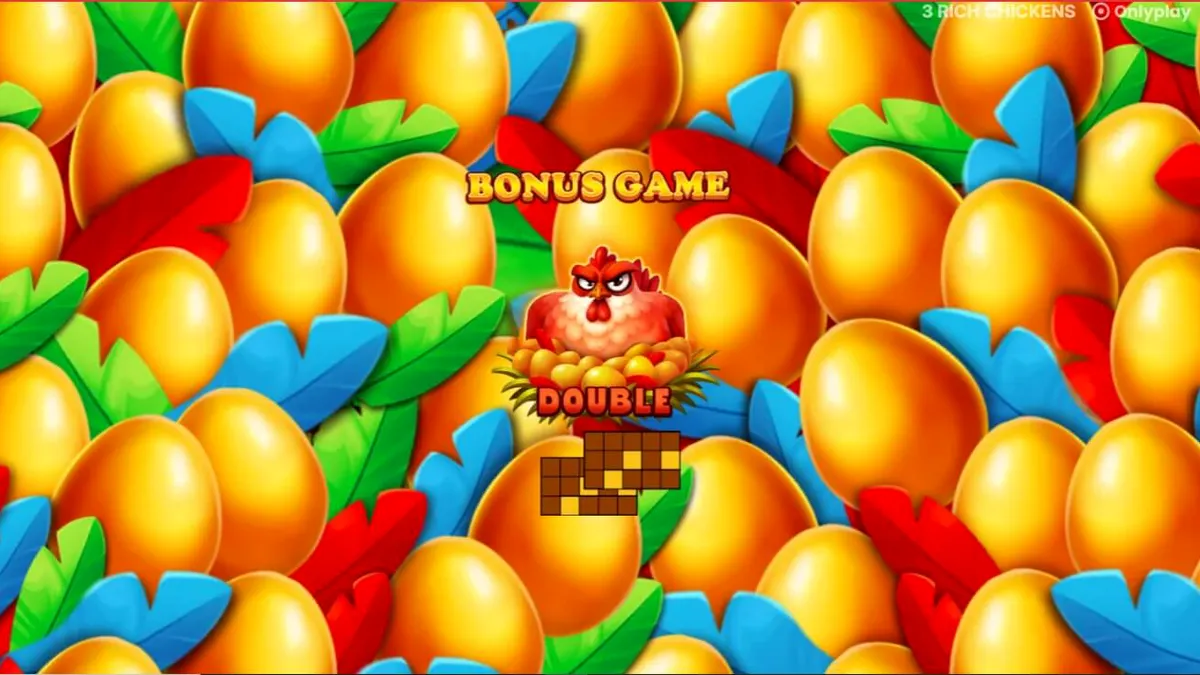 Interface colorida do jogo 3 Rich Chickens com tema de fazenda